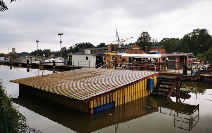 Widok na przystań z łodziami i budynkami w tle.
