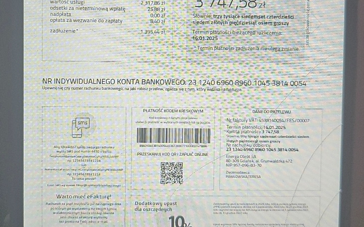 Dokument z danymi konta bankowego i kodem QR.