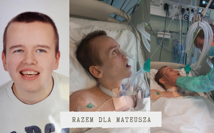 Trzy zdjęcia Mateusza w szpitalu z napisem 'Razem dla Mateusza'.