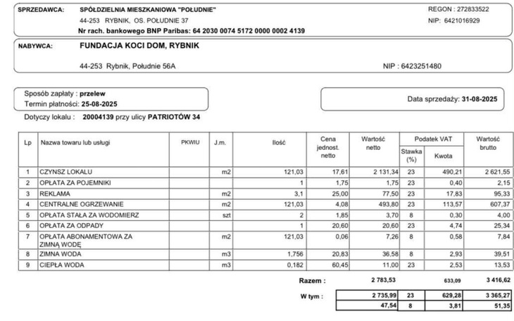Dokument z danymi finansowymi i terminem płatności.