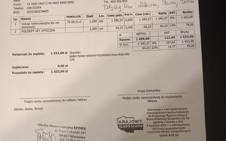 Faktura za usługi weterynaryjne.