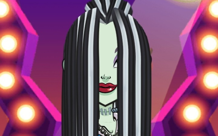 Animowana postać z długimi włosami, w stylu pop.