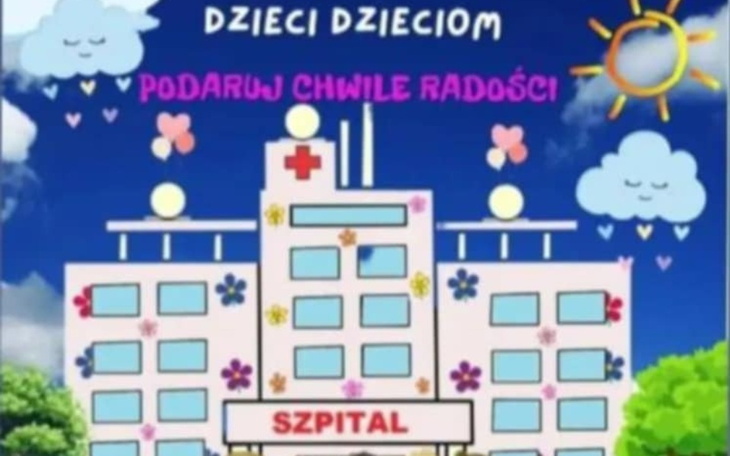 Plakat szpitala z hasłem 'Podaruj chwile radości'.