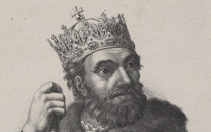 Portret króla w koronie, przedstawiający historyczną postać.