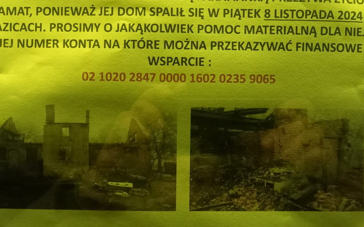 Zniszczony dom po pożarze, prośba o pomoc finansową.