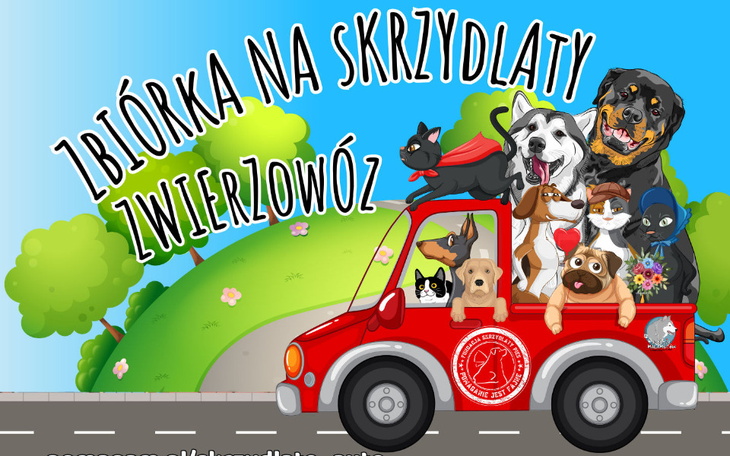 Ilustracja zebranych zwierząt w samochodzie, akcja charytatywna.