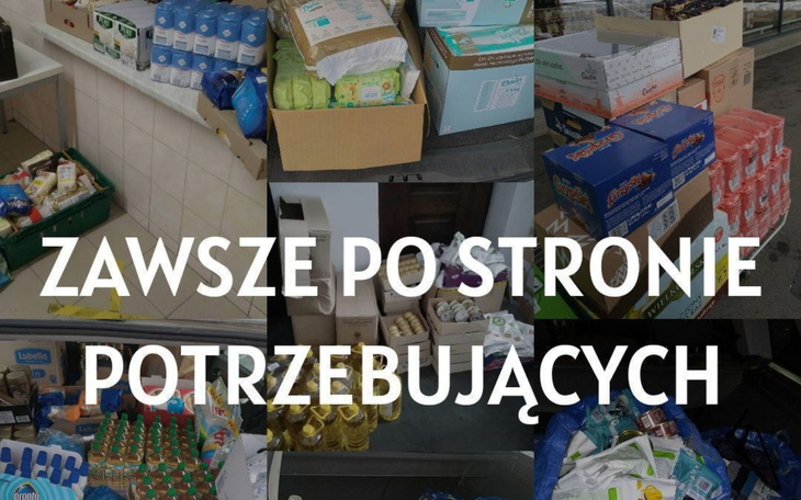Zestaw produktów spożywczych z napisem o wsparciu dla potrzebujących.