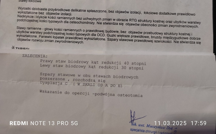 Dokument medyczny z zaleceniami dotyczącymi operacji.