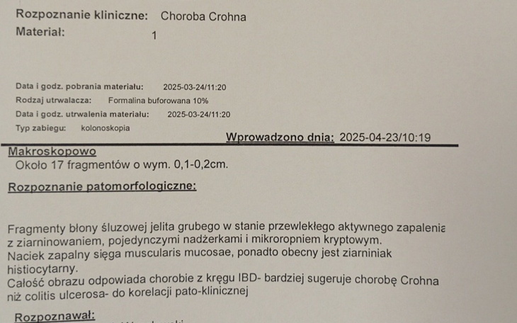 Dokument medyczny dotyczący choroby Crohna.