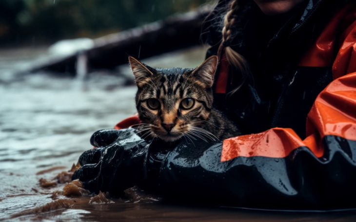 Osoba ratująca kota z zalanej okolicy.
