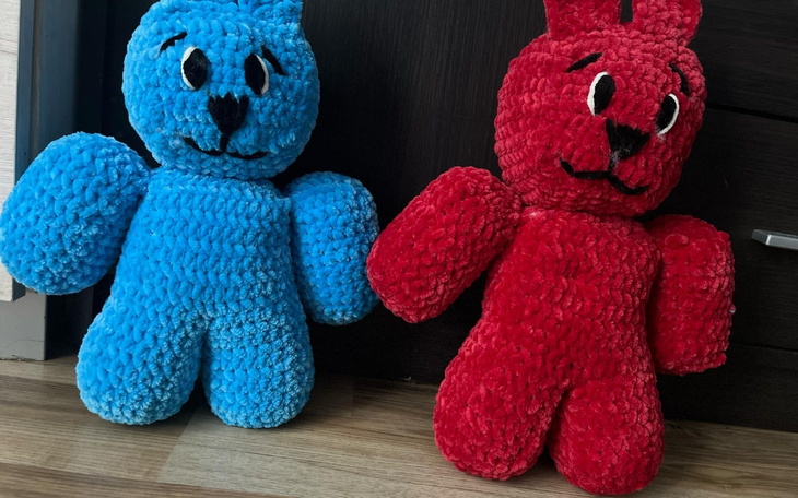 Dwa pluszowe misie w kolorach niebieskim i czerwonym.