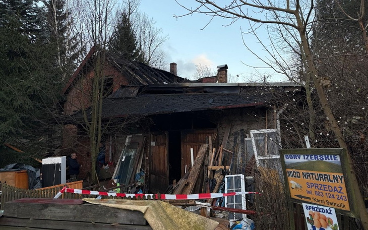 Zniszczony budynek po pożarze, otoczony drzewami.