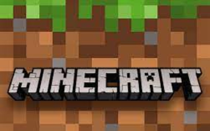 Logo gry Minecraft z charakterystycznym tłem.