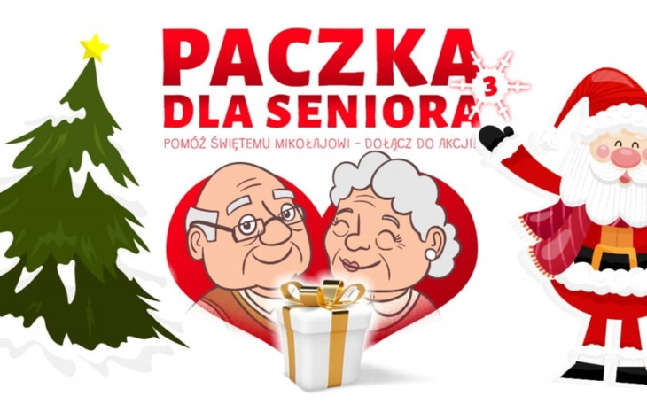 Plakat akcji 'Paczka dla seniora' z Mikołajem.