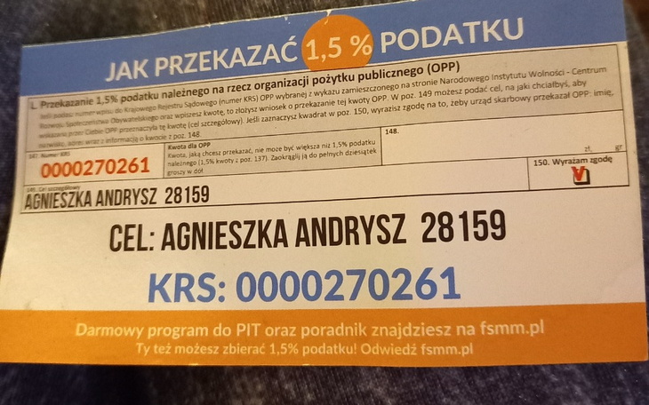 Dokument dotyczący przekazania 1,5% podatku na OPP.