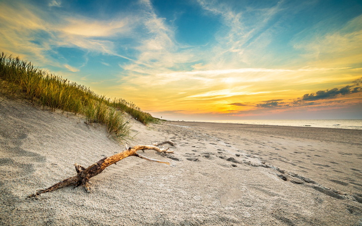 Plaża o zachodzie słońca, z piaskiem i trawą.