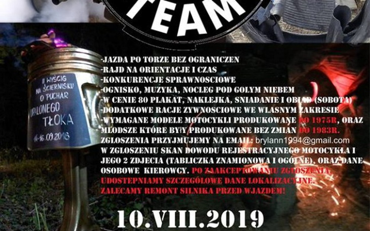 Plakat zapraszający na wydarzenie motocyklowe z informacjami.