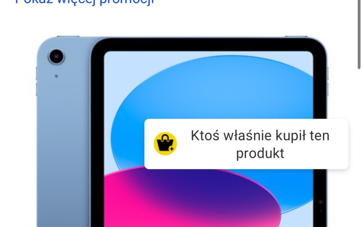 Tablet z powiadomieniem o zakupie produktu.