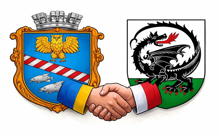 Herby dwóch miast z uściskiem dłoni, symbolizujące współpracę.