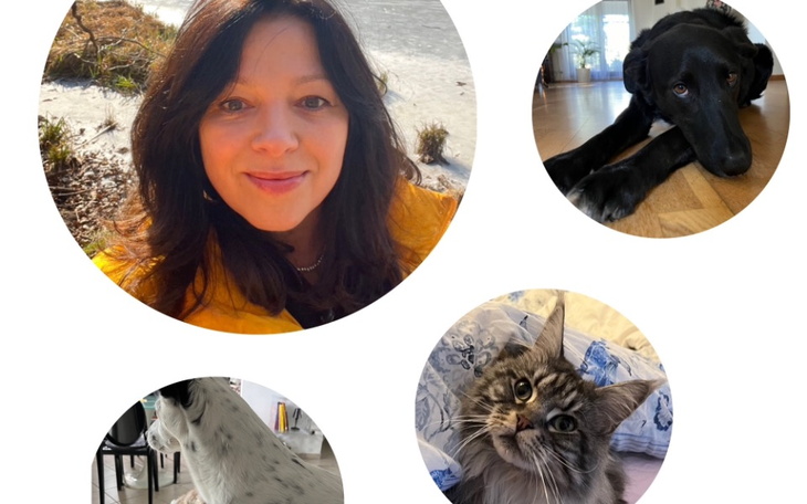 Kolaż zdjęć przedstawiający kobietę i jej zwierzęta.