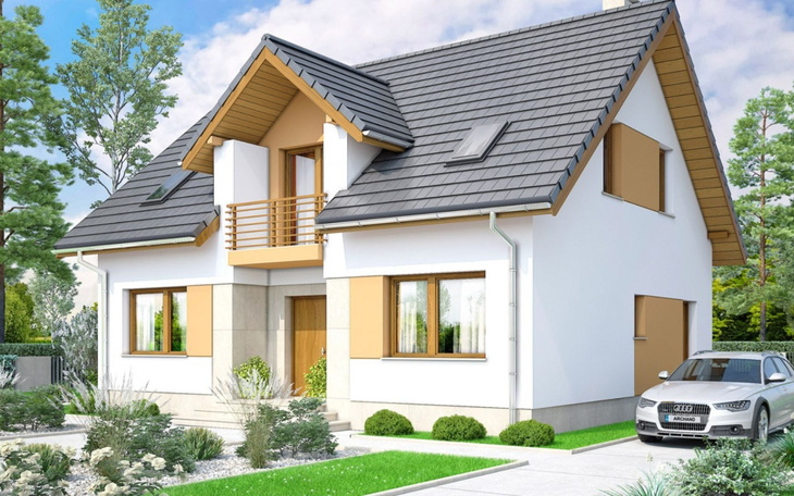 Nowoczesny dom z ogrodem i samochodem przed wejściem.