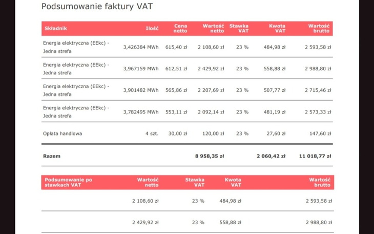 Podsumowanie faktury VAT z danymi o zużyciu energii.