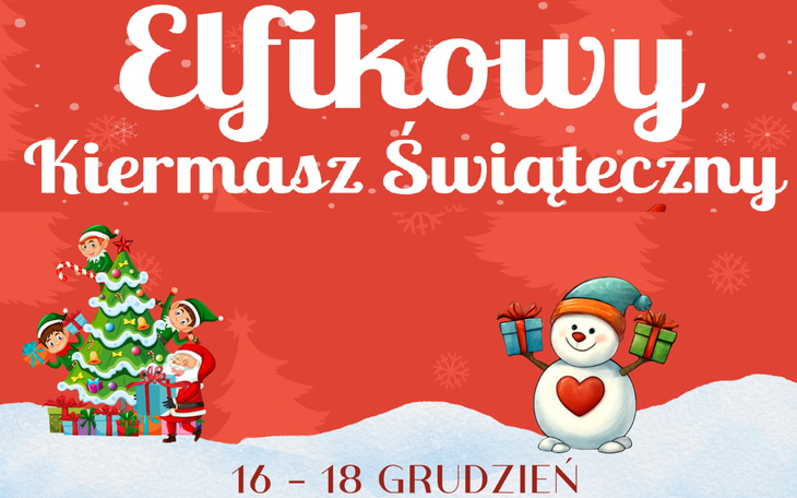 Plakat zapraszający na elfi kiermasz świąteczny w grudniu.