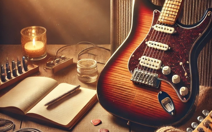 Gitarzysta z gitarą elektryczną na stole, z notatnikiem.