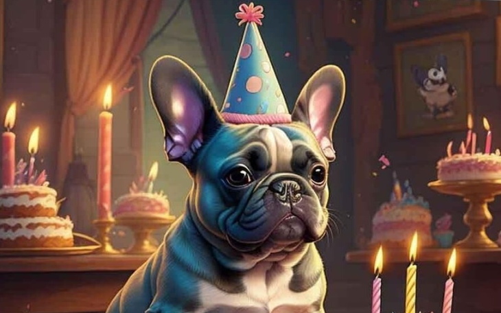 Pies w czapce urodzinowej, otoczony świeczkami.