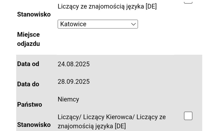 Formularz dotyczący wyjazdu do Niemiec.