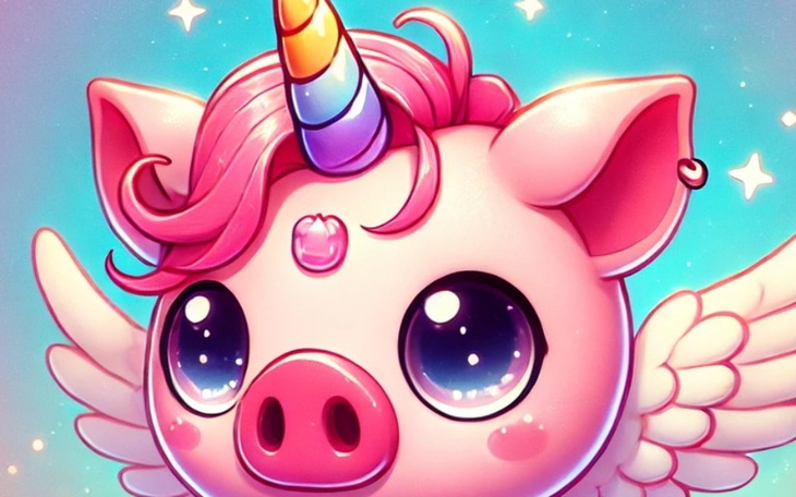 Różowa świnka z tęczowym rogiem i skrzydłami, w stylu kreskówkowym.