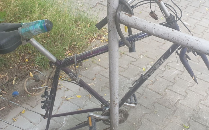 Uszkodzony rower przypięty do metalowego słupka, w otoczeniu zieleni.