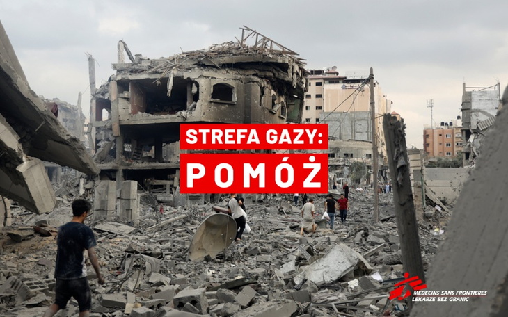 Zniszczony budynek w Strefie Gazy, apel o pomoc.