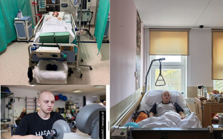 Chłopiec w szpitalu, leżący na łóżku z aparaturą.
