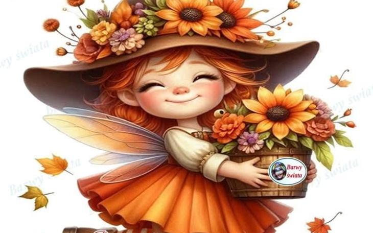 Ilustracja dziewczynki z kwiatami, uśmiechającej się w kapeluszu.