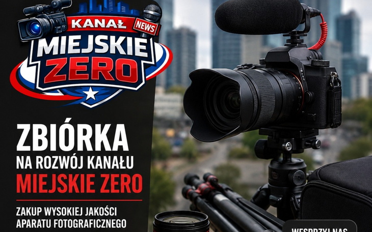 Sprzęt fotograficzny z napisem o zbiórce na rozwój kanału.