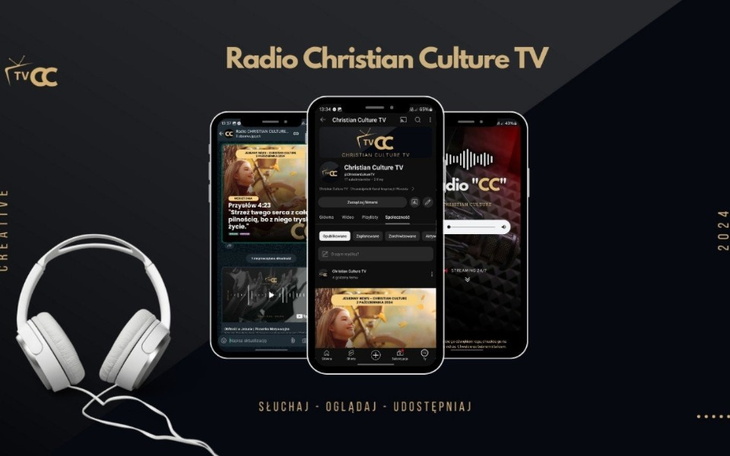 Ekran aplikacji Radio Christian Culture TV z słuchawkami.