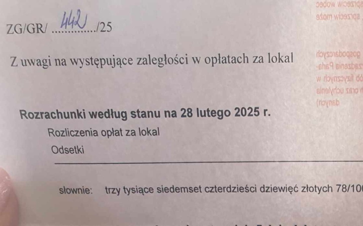 Dokument dotyczący zaległości w opłatach za lokal.