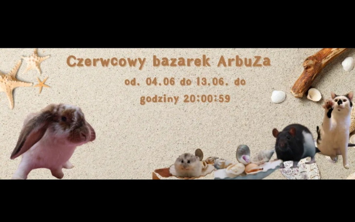 Plakat zapraszający na bazarek z różnymi zwierzętami.