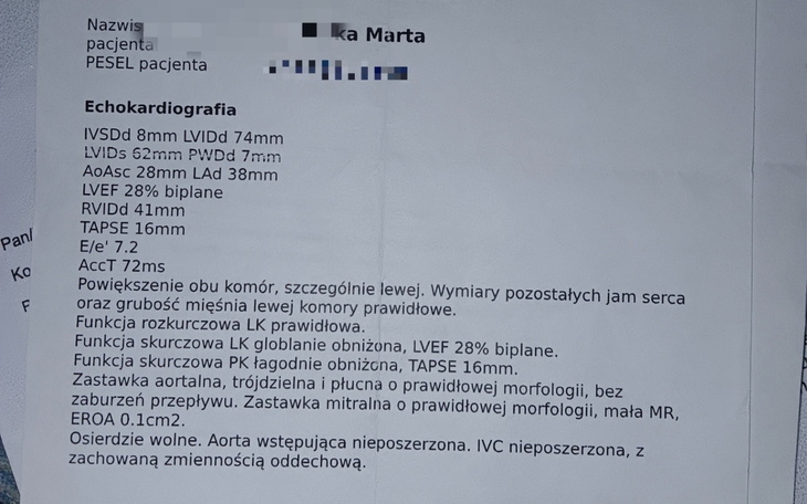 Wyniki echokardiografii pacjenta z opisem funkcji serca.