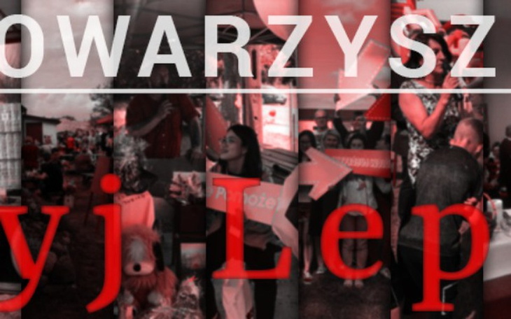 Plakat z napisem, przedstawiający wydarzenie społeczne.