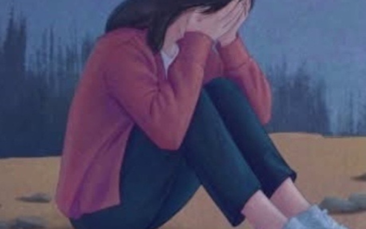 Ilustracja przedstawiająca osobę w smutku, siedzącą na ziemi.