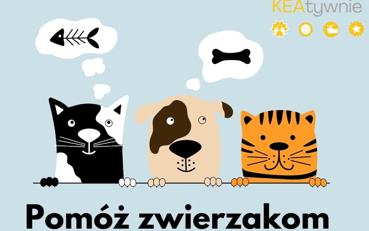 Ilustracja z trzema zwierzętami, zachęcająca do pomocy dla nich.