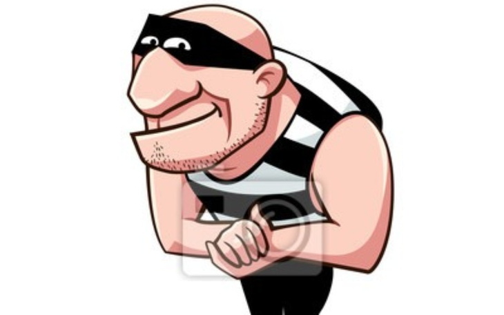 Karykaturalny złodziej w pasiaku, z uśmiechem na twarzy.