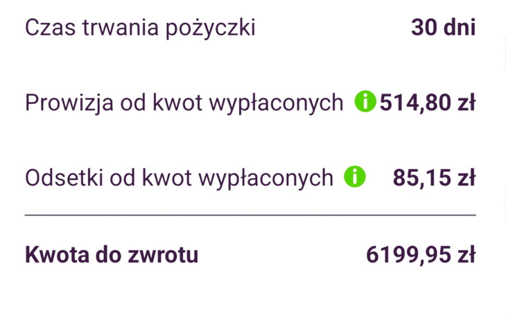 Informacje o pożyczce z kwotami i prowizjami.