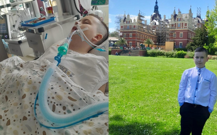 Chłopiec w szpitalu oraz na świeżym powietrzu w eleganckim ubraniu.
