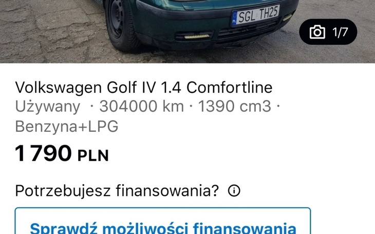 Ogłoszenie sprzedaży używanego Volkswagena Golfa IV.