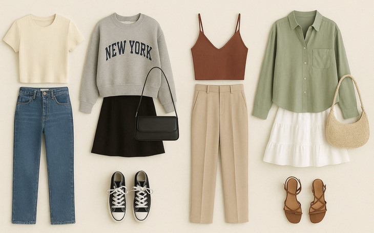 Stylowe ubrania na białym tle, różne zestawy.