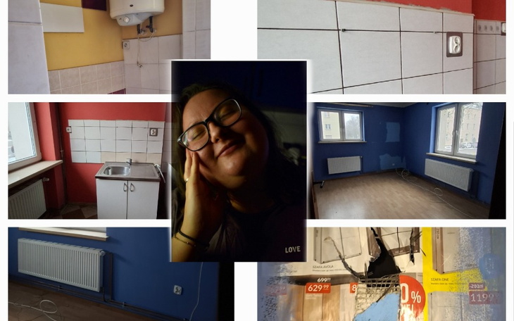 Kolaż zdjęć wnętrza mieszkania w trakcie remontu.