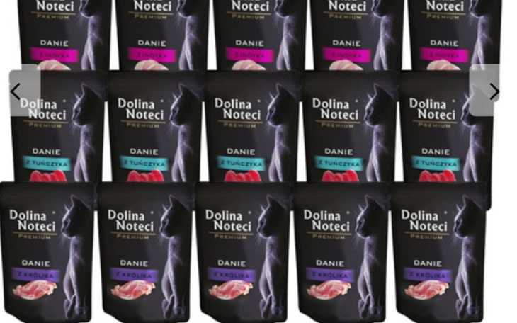 Opakowania karmy dla psów marki Dolina Noteci, różne smaki.